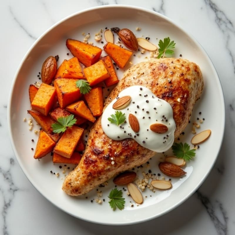 Creamy Chicken with Crunchy Almonds and Roasted Sweet Potatoes