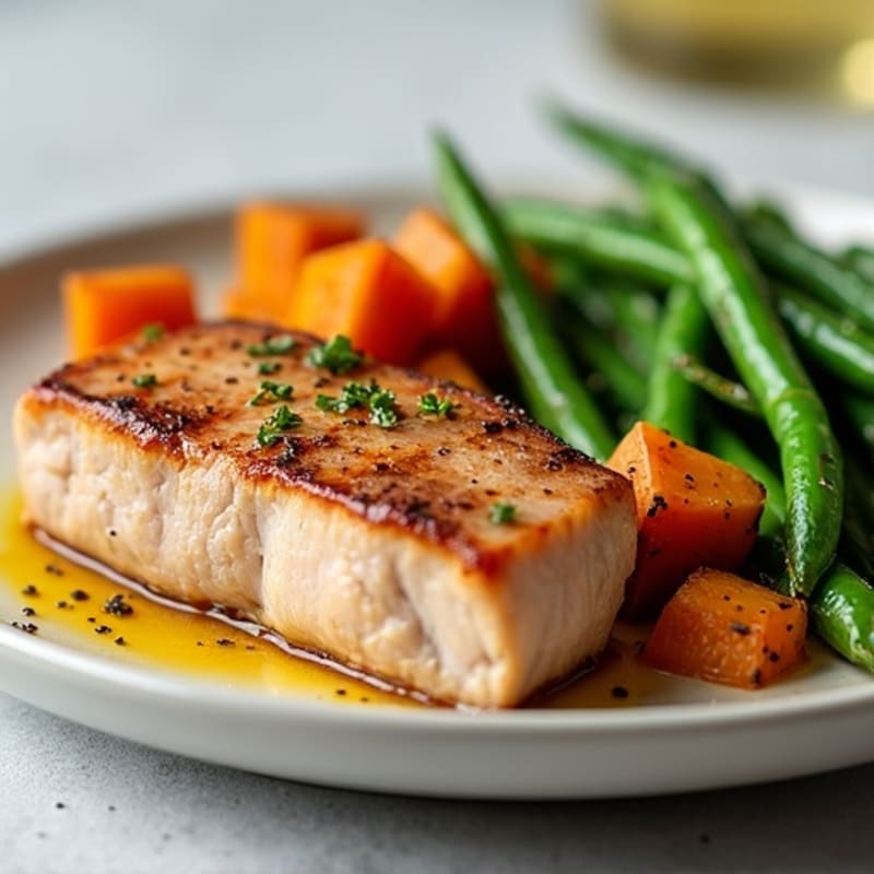 Pan-Seared Tuna with Roasted Sweet Potatoes and Crispy Green Beans