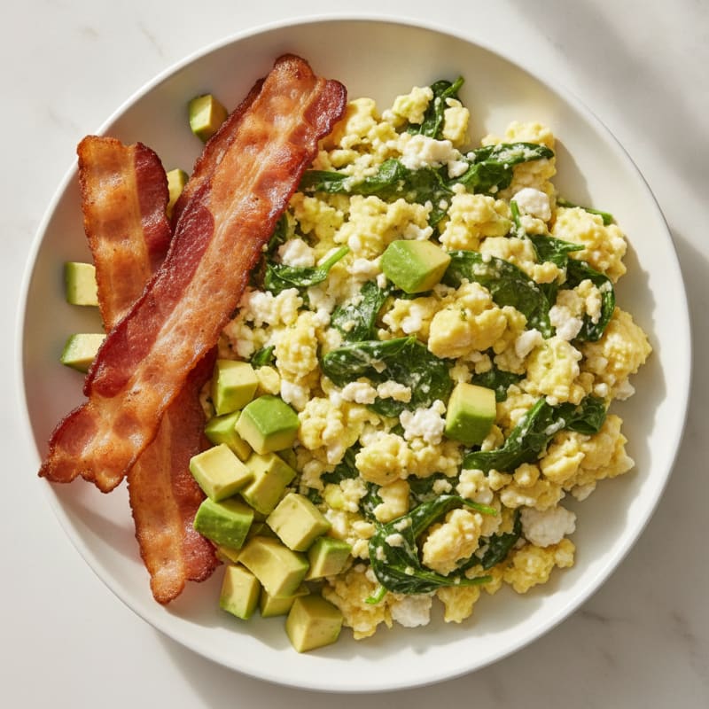Cottage Cheese Egg Scramble with Spinach and Turkey Bacon