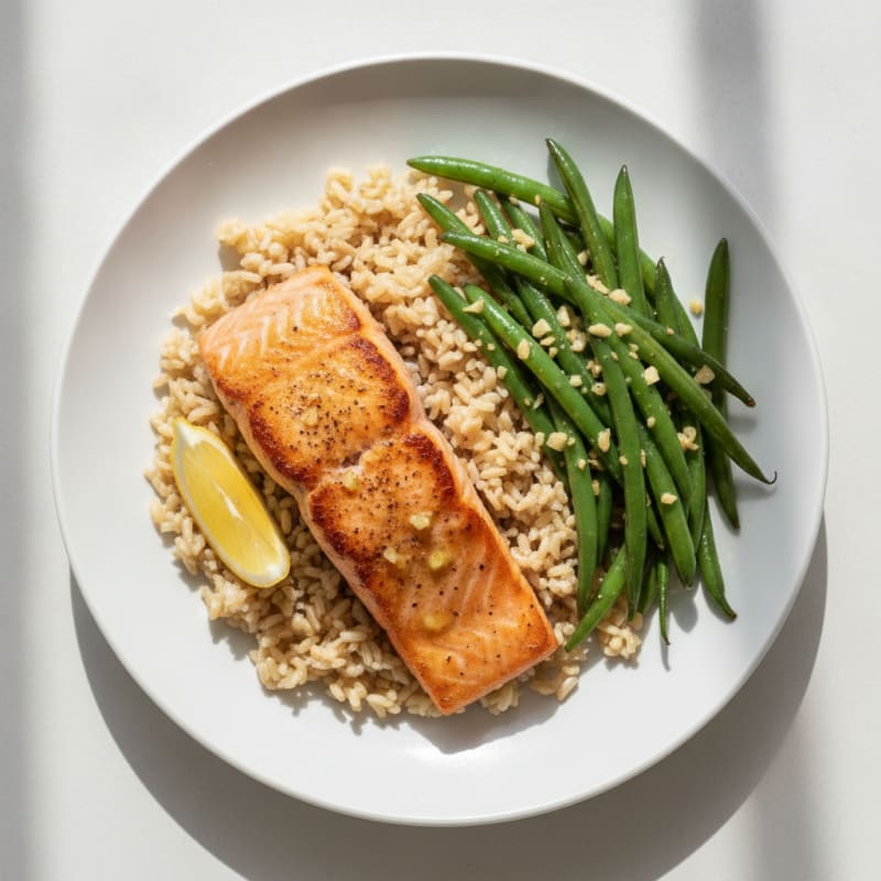 Seared Salmon Fillet with Garlic Green Beans and Brown Rice