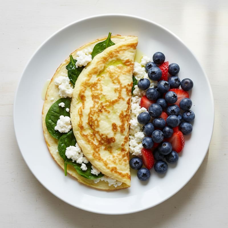 Egg White Spinach Omelet with Cottage Cheese and Fresh Berries