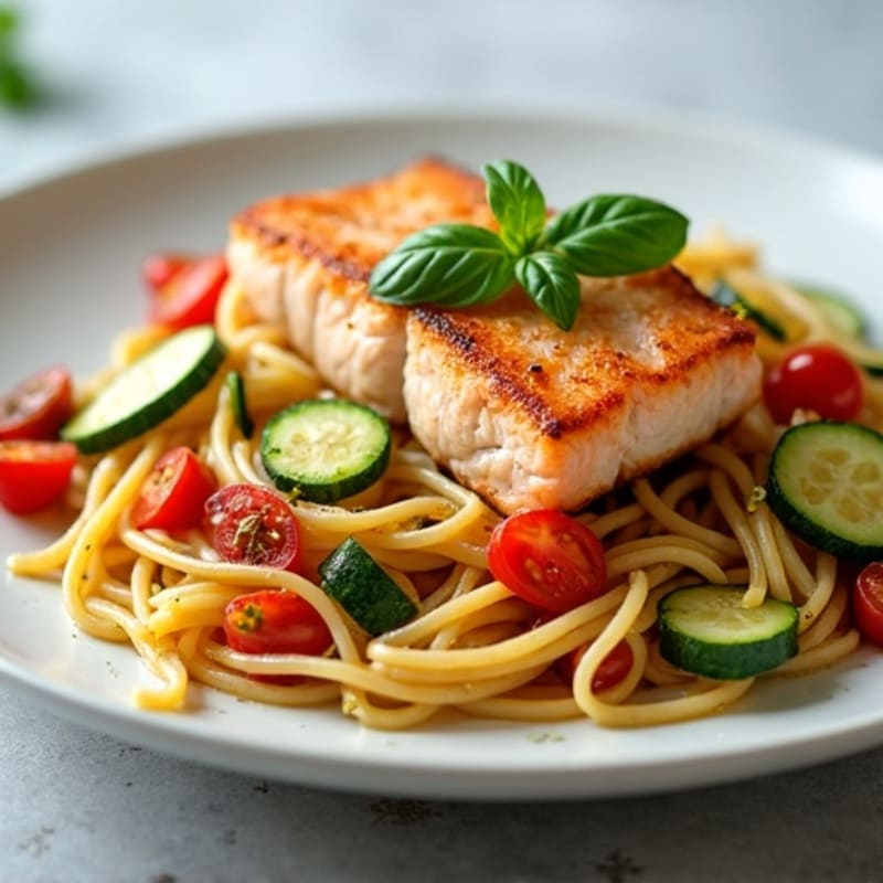 Flaky Pan-Seared Salmon with Zucchini Tomato Pasta