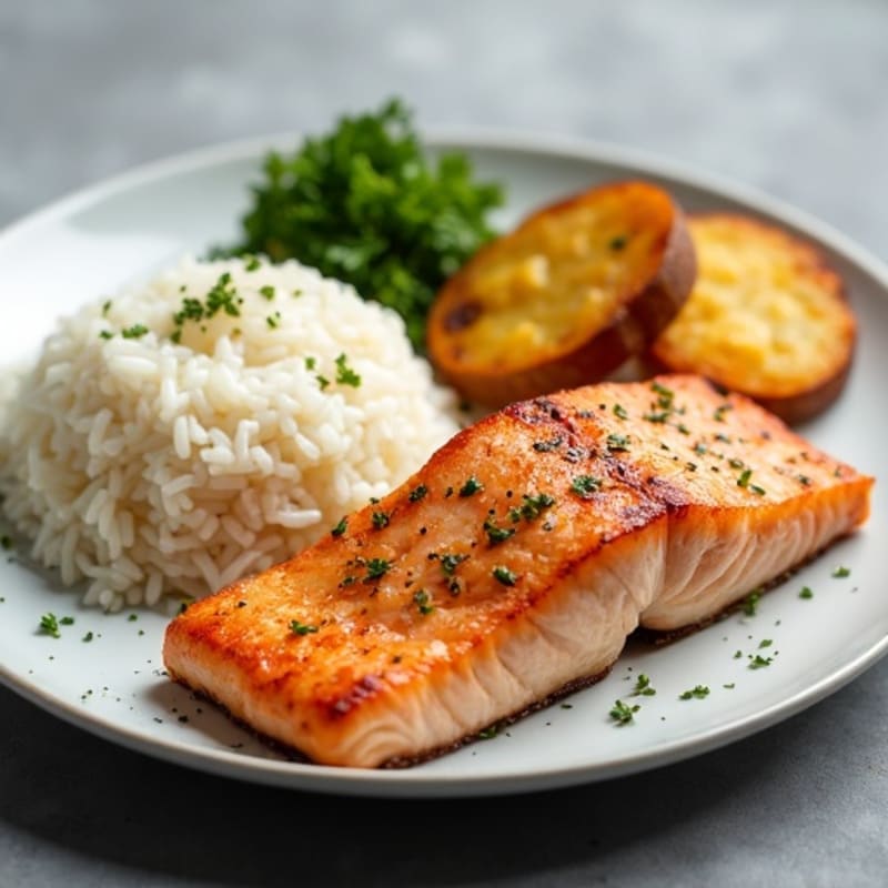 Seared Salmon with Garlic White Rice and Roasted Russet Potatoes