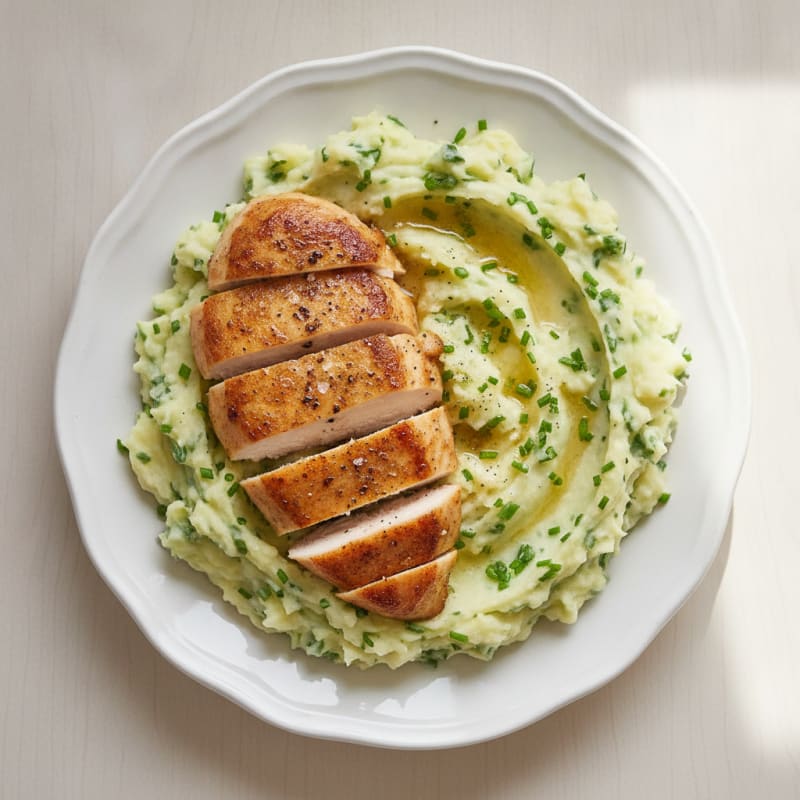 Garlic Mashed Potatoes with Chives & Pan-Seared Chicken