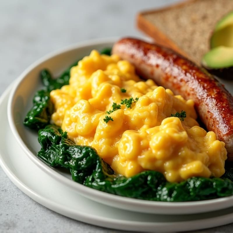 Creamy Scrambled Eggs with Turkey Sausage and Sautéed Spinach