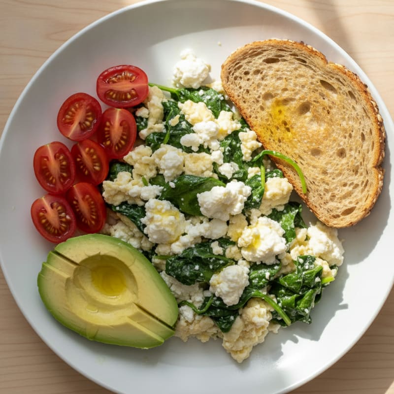Egg White Spinach Scramble with Cottage Cheese and Fresh Tomatoes