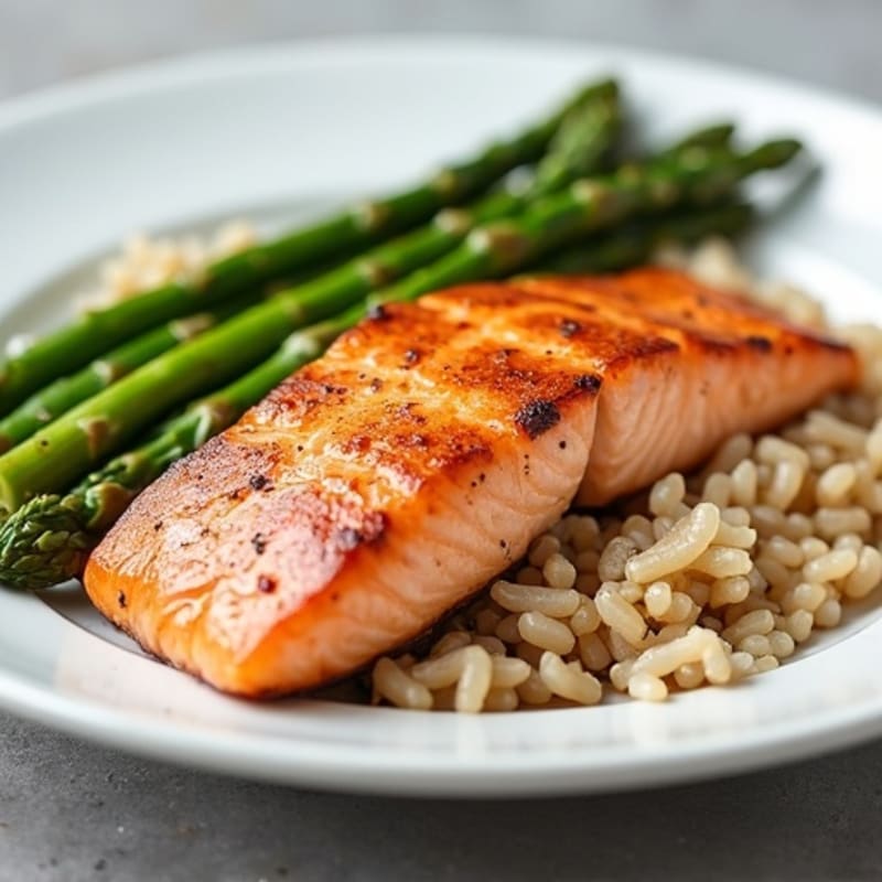 Seared Salmon Fillet with Steamed Asparagus and Brown Rice