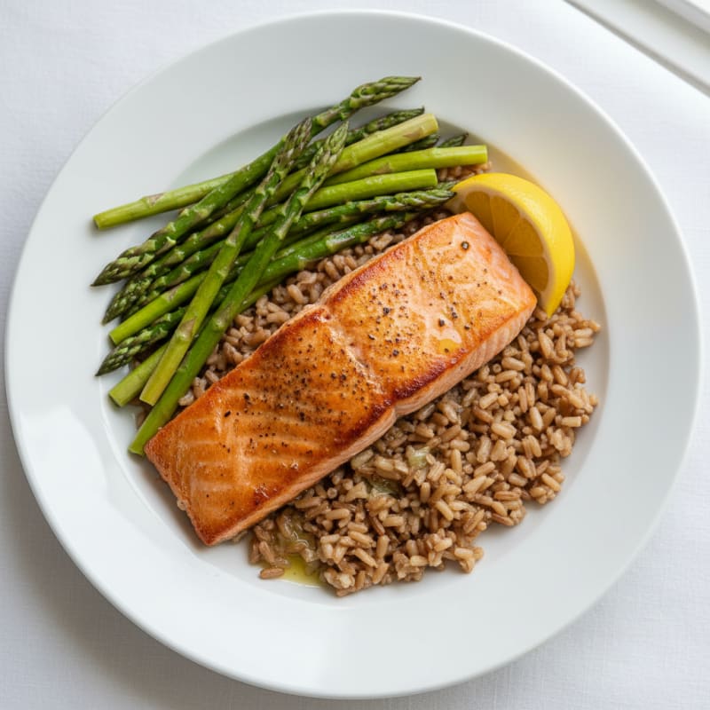Seared Salmon Fillet with Steamed Asparagus and Brown Rice