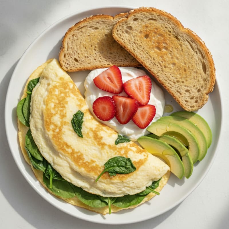 Egg White Spinach Omelette with Greek Yogurt and Fresh Strawberries