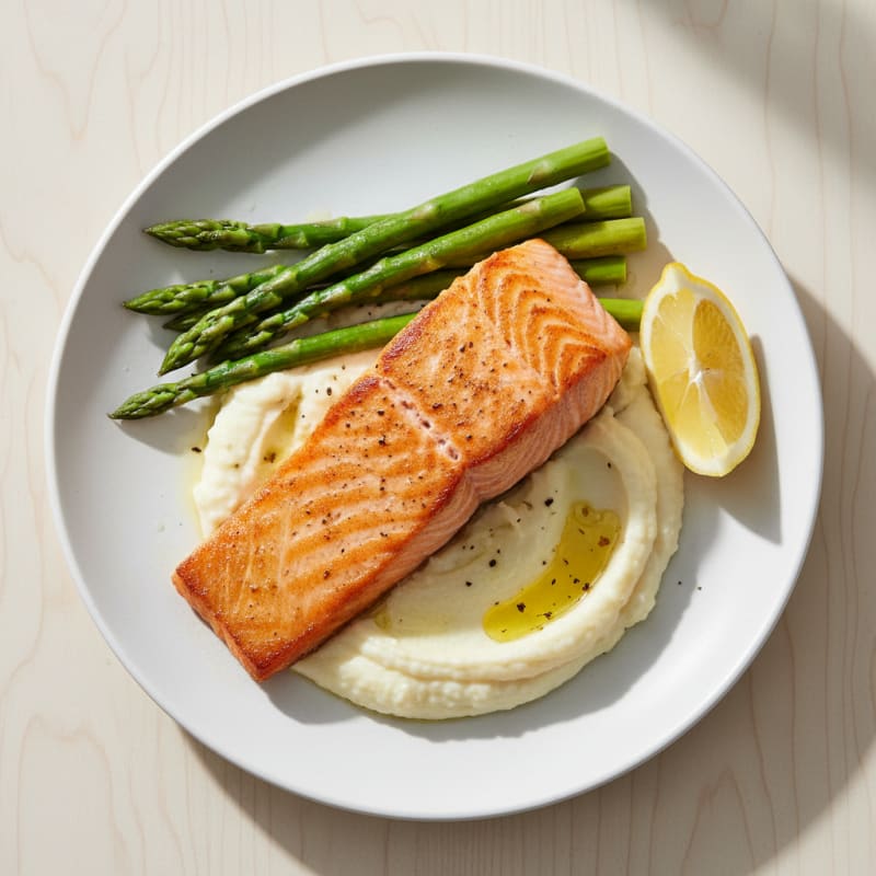 Seared Salmon with Steamed Asparagus and Cauliflower Mash