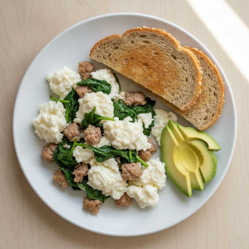 Egg White and Turkey Sausage Scramble with Sautéed Spinach