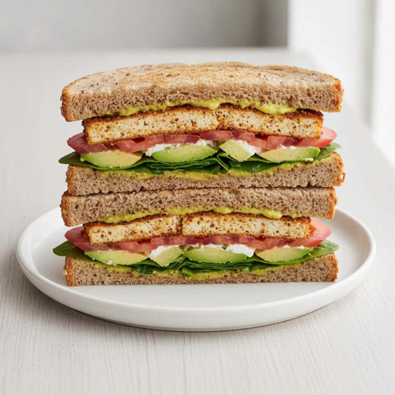 Crispy Tofu and Avocado Sandwich with Spinach and Tomato