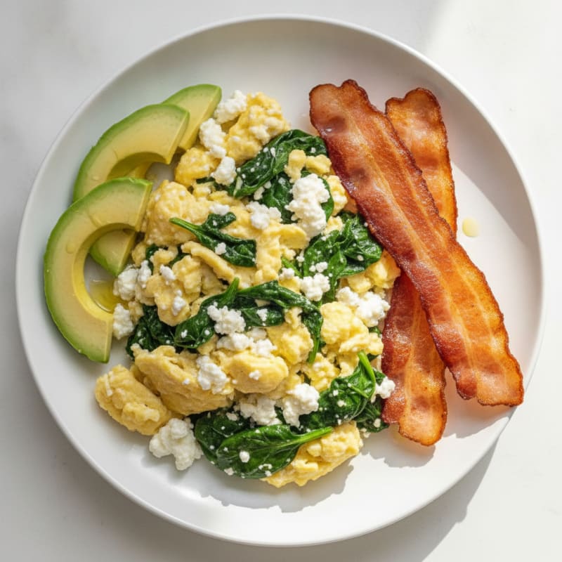 Cottage Cheese Egg Scramble with Spinach and Turkey Bacon