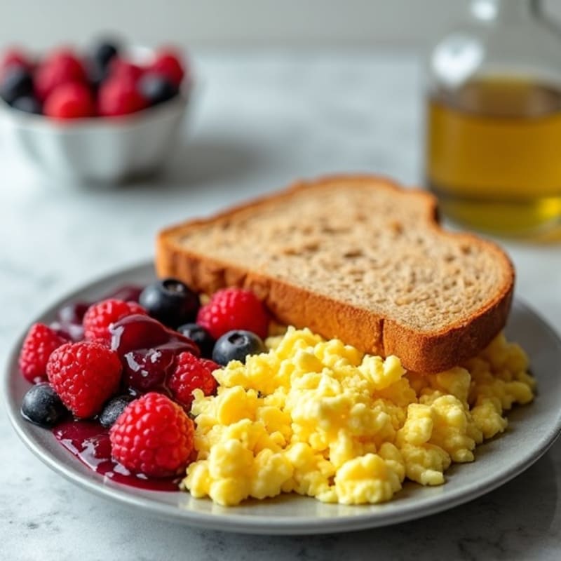 Fluffy Scrambled Eggs with Crispy Whole Grain Toast and Fresh Berry Compote