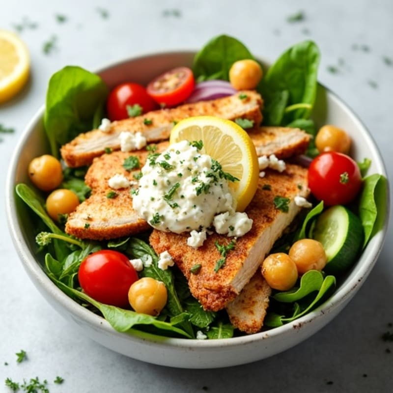 Lemon-Herb Roasted Chicken Salad Bowl with Crispy Chickpeas and Creamy Feta