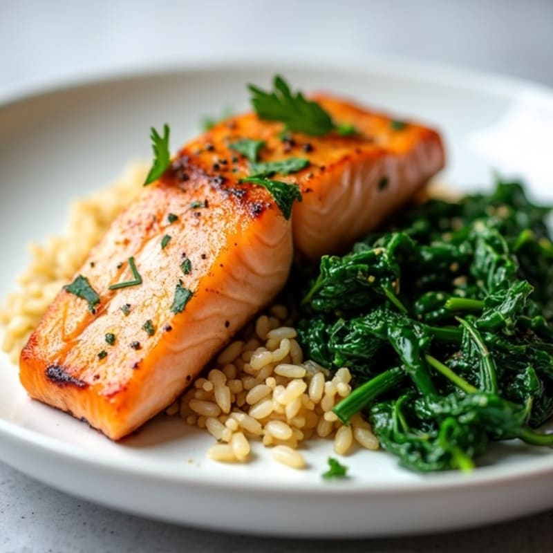 Seared Salmon with Garlic Spinach and Brown Rice