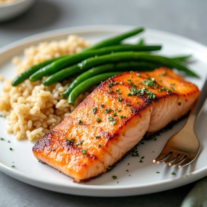 Seared Salmon Fillet with Garlic Green Beans and Brown Rice