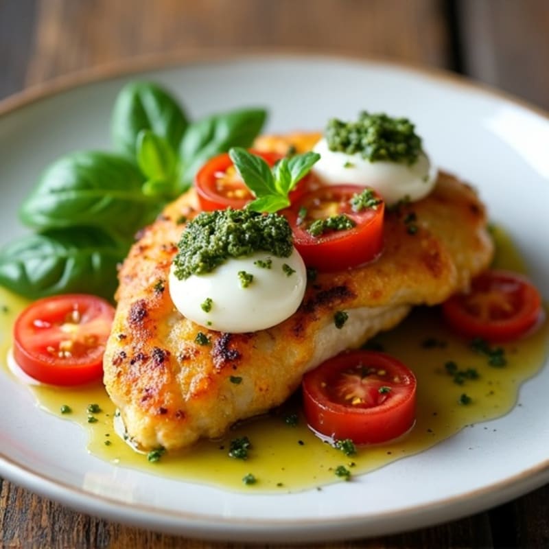 Pan-Seared Chicken with Fresh Tomatoes, Creamy Mozzarella, and Basil Pesto