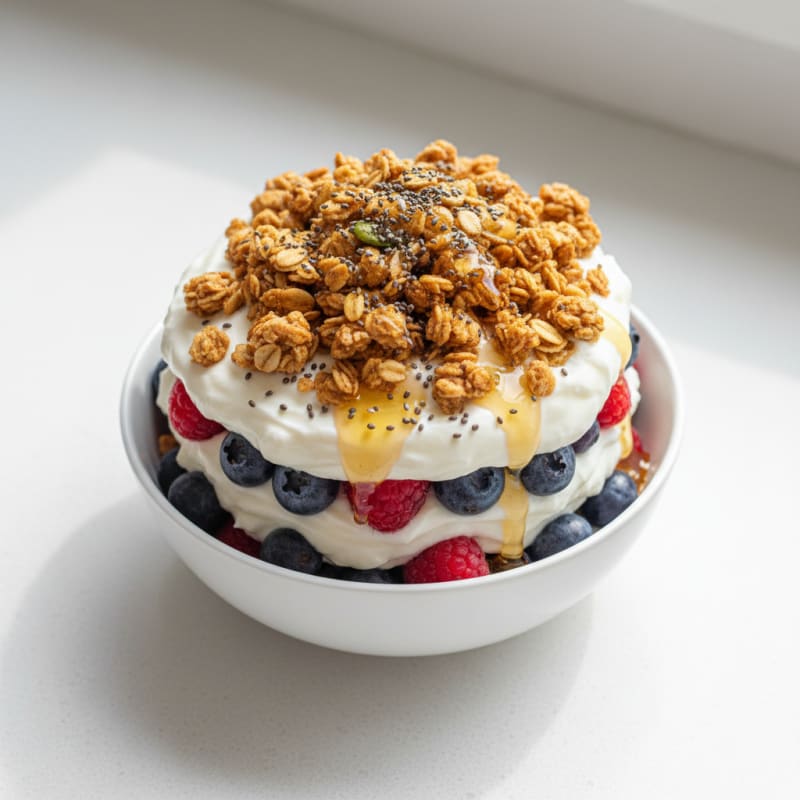 Creamy Greek Yogurt Parfait with Protein Granola and Mixed Berries