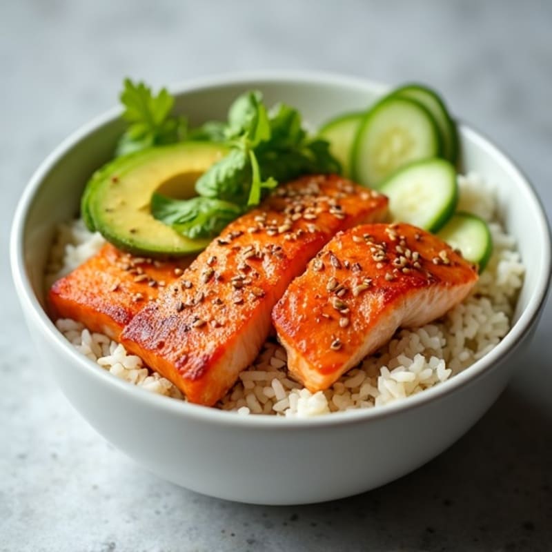 Crispy Salmon Sesame-Ginger Rice Bowl with Fresh Avocado and Cucumber