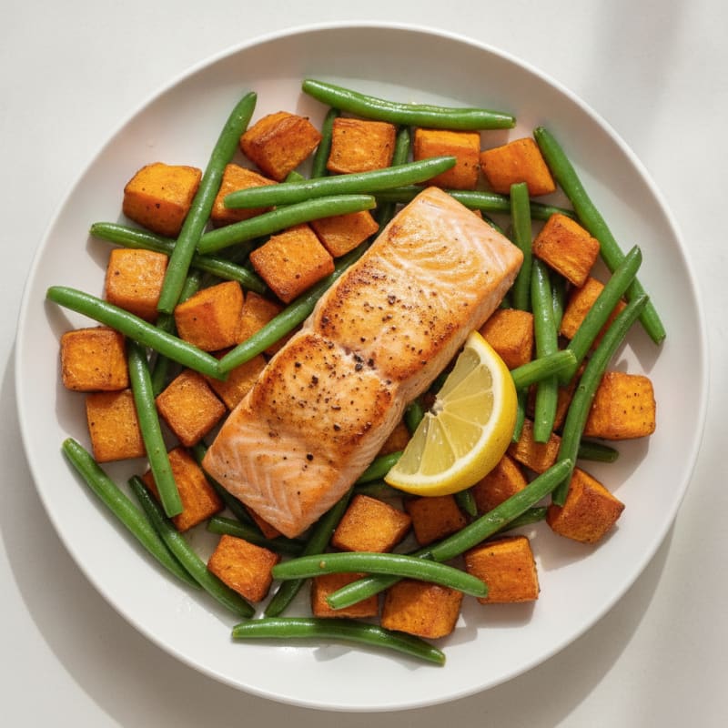 Seared Salmon with Roasted Sweet Potato and Green Beans