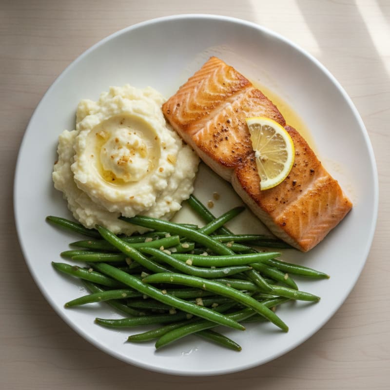 Seared Salmon with Garlic Green Beans and Cauliflower Mash