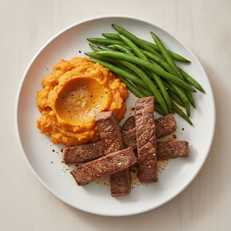 Seared Lean Beef Strips with Steamed Green Beans and Sweet Potato Mash