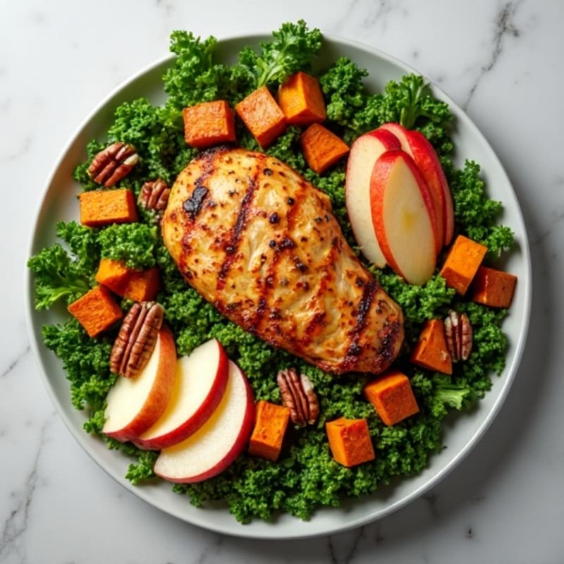 Roasted Chicken and Kale Salad with Crispy Sweet Potatoes, Apples, and Toasted Pecans