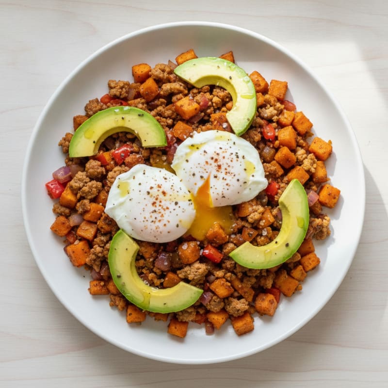 Sweet Potato and Turkey Hash with Poached Eggs