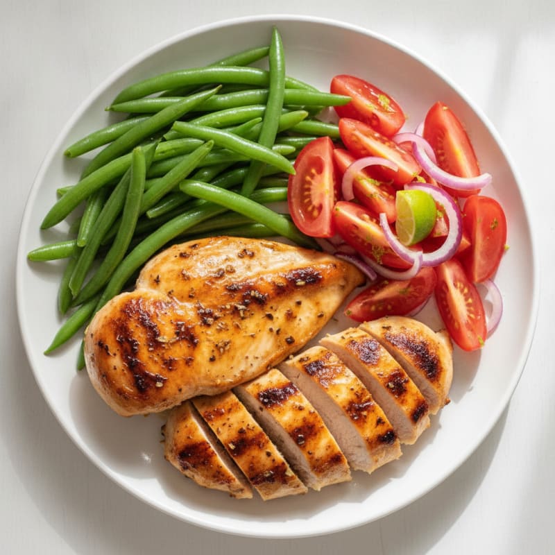 Grilled Chicken Breast with Steamed Green Beans and Tomato Salad