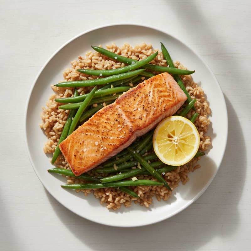 Seared Salmon with Garlic Green Beans and Brown Rice