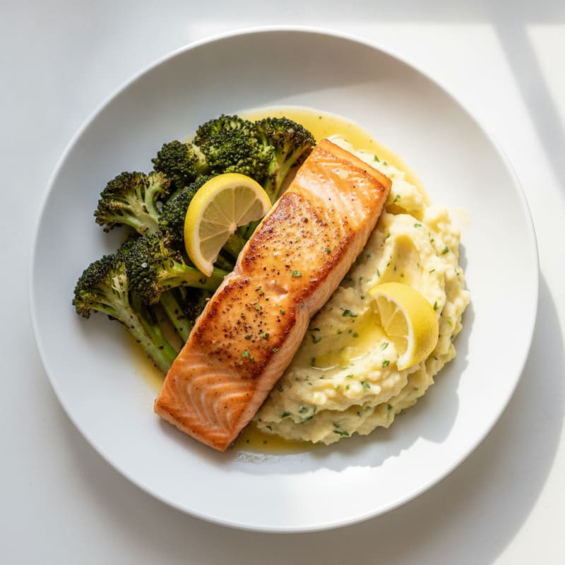 Seared Salmon with Roasted Broccoli and Garlic Mash