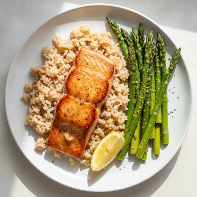 Seared Salmon Fillet with Herb Roasted Asparagus and Brown Rice