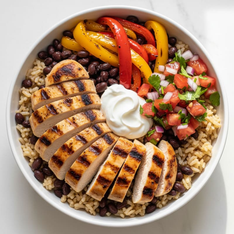 Grilled Chicken and Black Bean Rice Bowl with Pico and Roasted Peppers