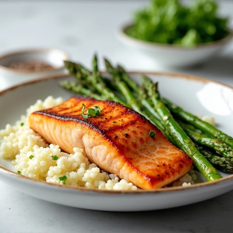 Seared Salmon with Roasted Asparagus and Cauliflower Rice