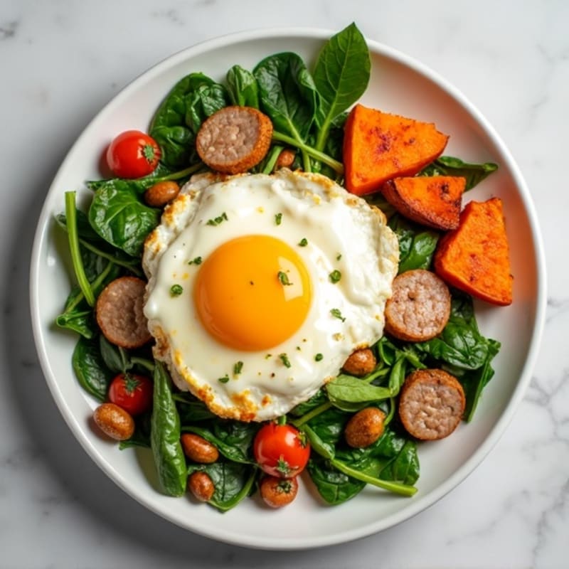 Egg White and Turkey Sausage Scramble with Spinach and Roasted Sweet Potato