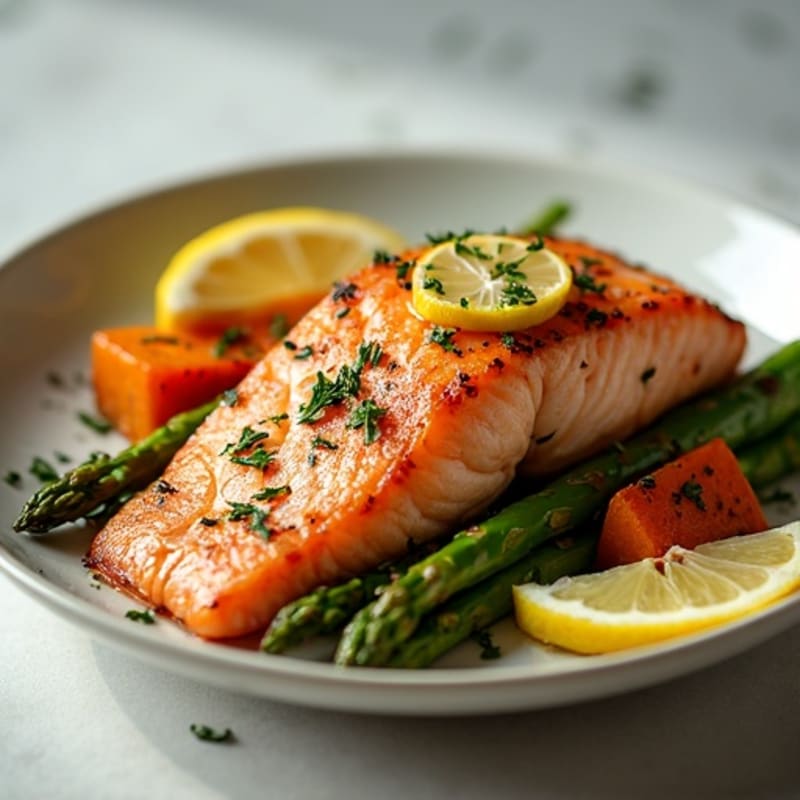 Seared Salmon with Roasted Sweet Potatoes and Asparagus