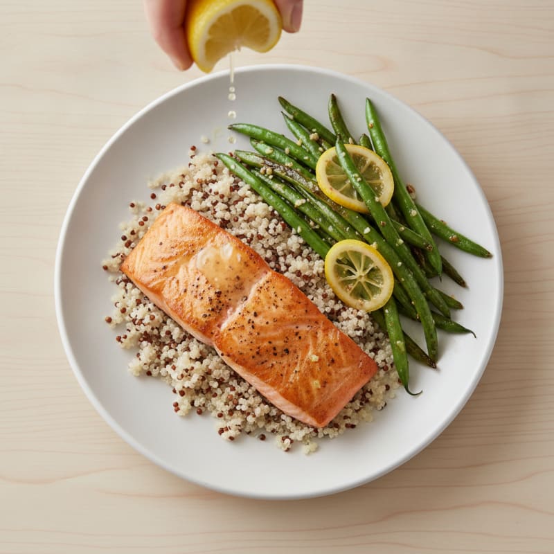 Seared Salmon Fillet with Garlic Green Beans and Quinoa