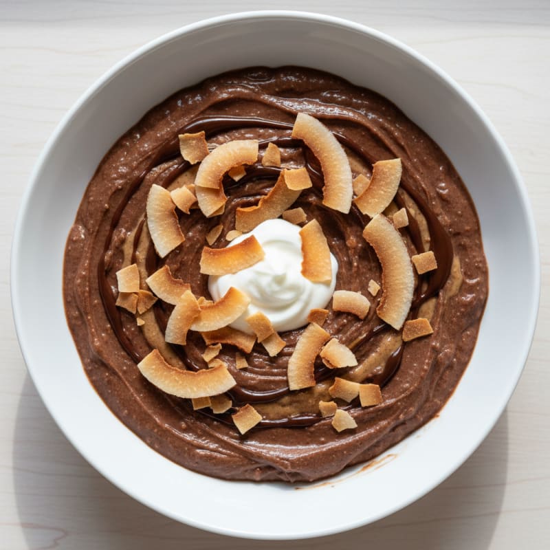Silky Chocolate Protein Pudding with Toasted Coconut Flakes