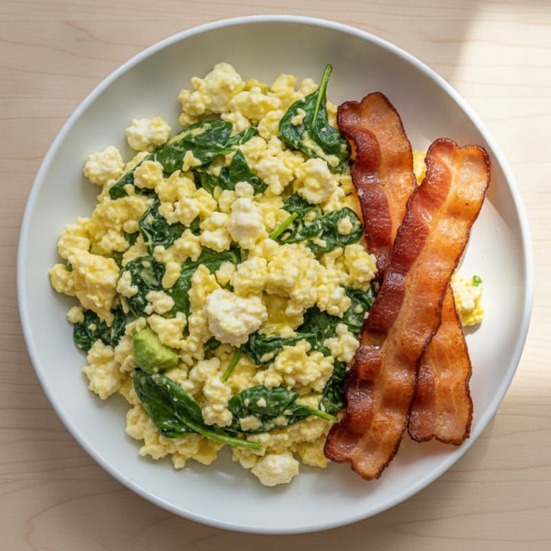 Cottage Cheese Egg Scramble with Spinach and Turkey Bacon