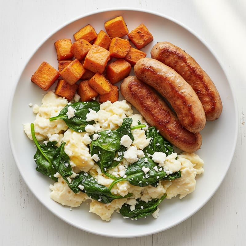 Egg White Scramble with Turkey Sausage and Sautéed Spinach