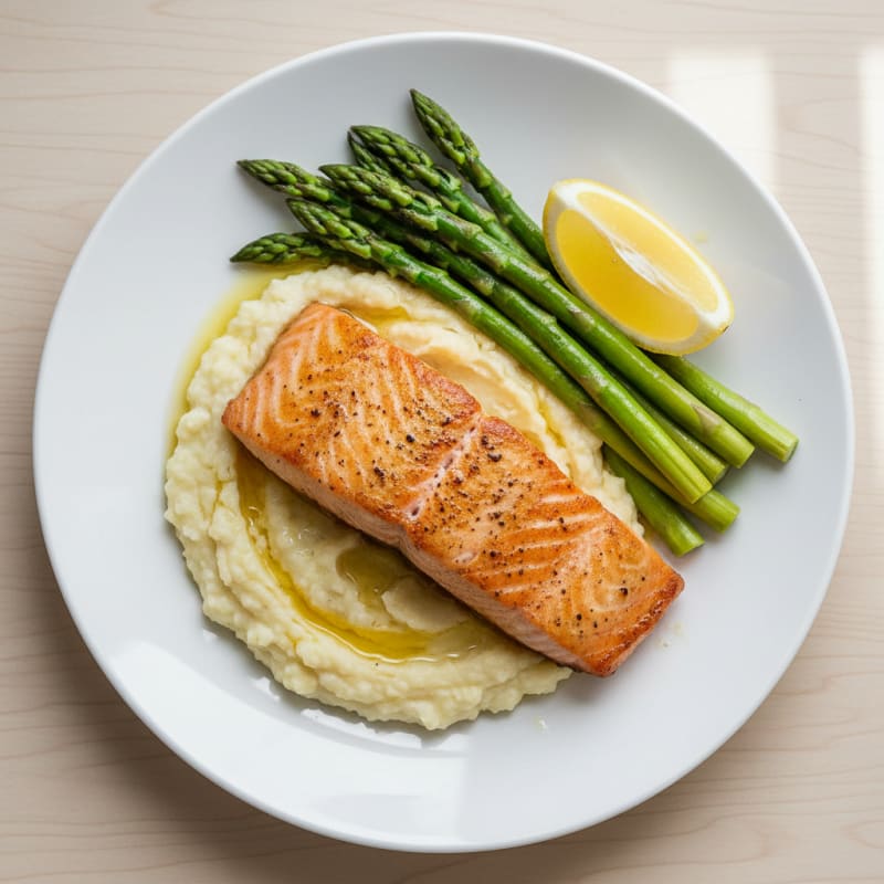 Seared Salmon Fillet with Steamed Asparagus and Cauliflower Mash