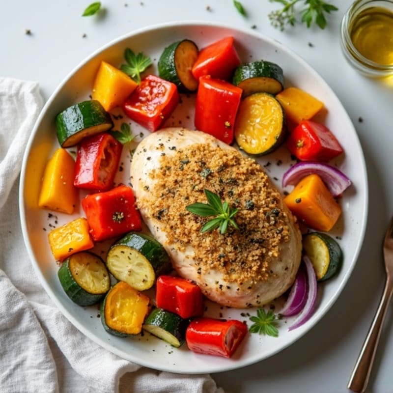 Herb-Crusted Sheet Pan Chicken with Roasted Rainbow Vegetables