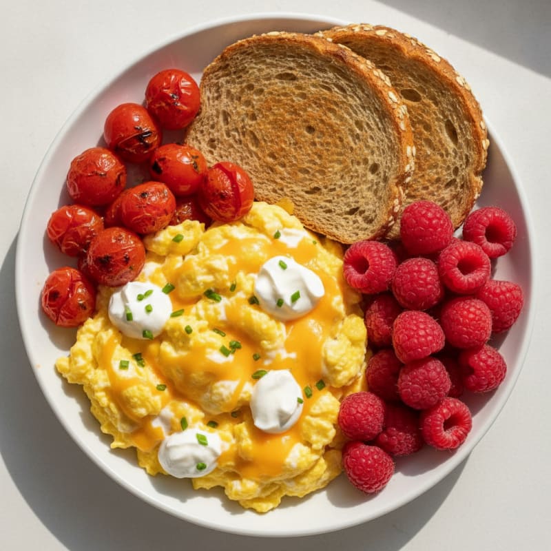 Cheesy Scrambled Eggs with Greek Yogurt and Roasted Tomatoes