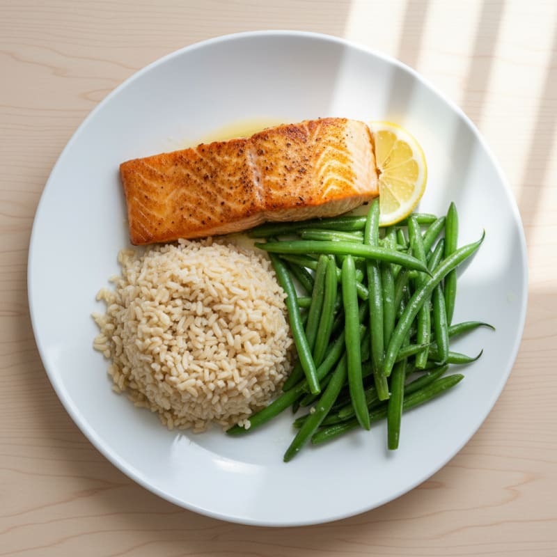 Seared Salmon with Steamed Green Beans and Brown Rice