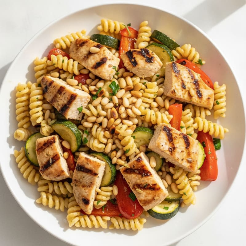 Grilled Chicken Protein Pasta Salad with Roasted Vegetables