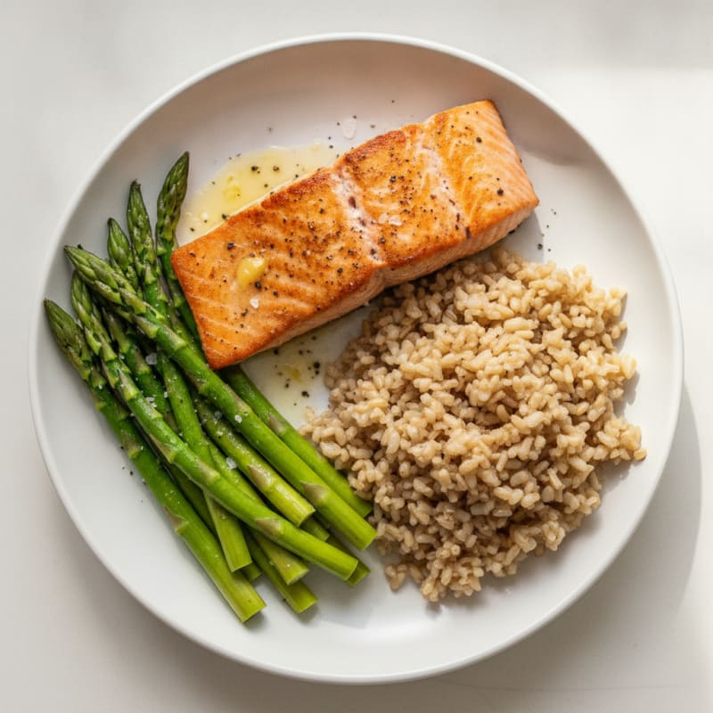 Seared Salmon with Steamed Asparagus and Brown Rice