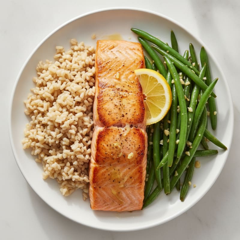 Seared Salmon with Garlic Green Beans and Brown Rice