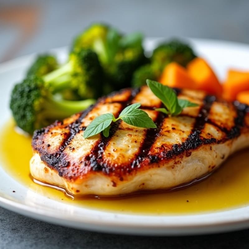 Grilled Chicken Breast with Roasted Broccoli and Olive Oil Drizzle