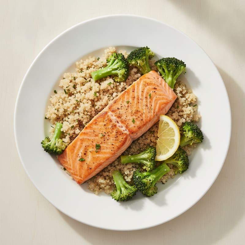 Seared Salmon with Steamed Broccoli and Quinoa